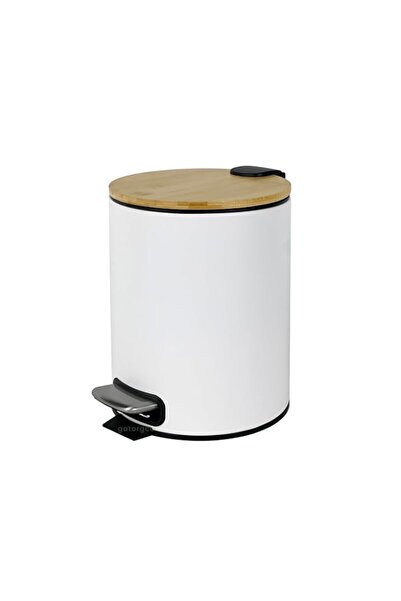 Generic Soft-Close Pedal Bin | Bamboo Top Matte White Waste Bin with Metal Pe...