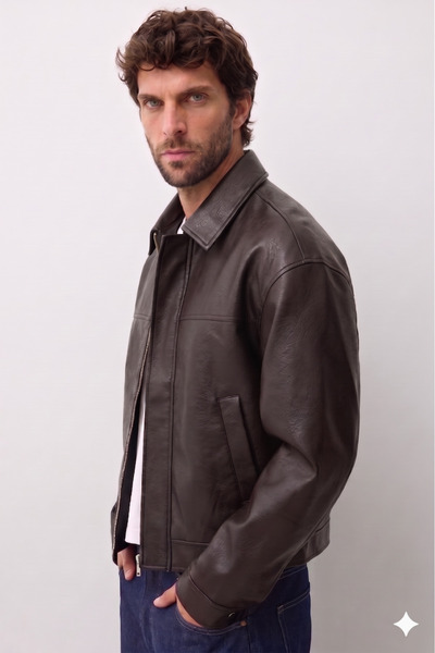 KOCCI Brshk Model Relaxed Fit Four Seasons Viral Men's Leather Jacket Coat