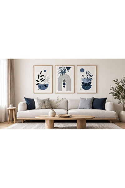RDEKOR Lacivert Botanik Yaprak ve Geometrik Formlar Temalı Modern 3’lü Set De...