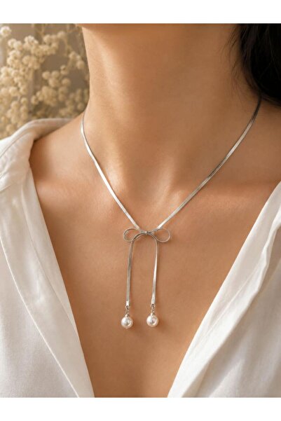 CM Jewelry Bow Model Pearl Detailed Silver Color Elegant Women's Necklace
