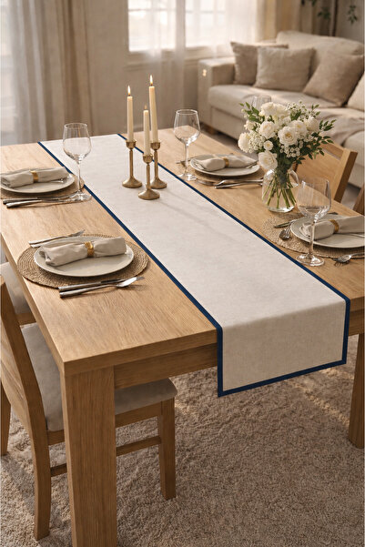 ŞAH TEXTILE DESIGN Lacivert biyeli premium yıkanmış keten runner 40x110