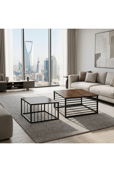 co arma Double Coffee Table with Wooden Top and Black Metal Frame in 70X70X50...