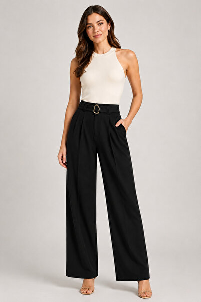 De Carte Women's High Waist Belt Buckle Pleated Modal Fabric Wide Leg Sweatpants