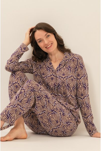 Arnetta Women'S, Floral Patterned, Brown, Shirt Pajama Set (with Socks as a Gift)