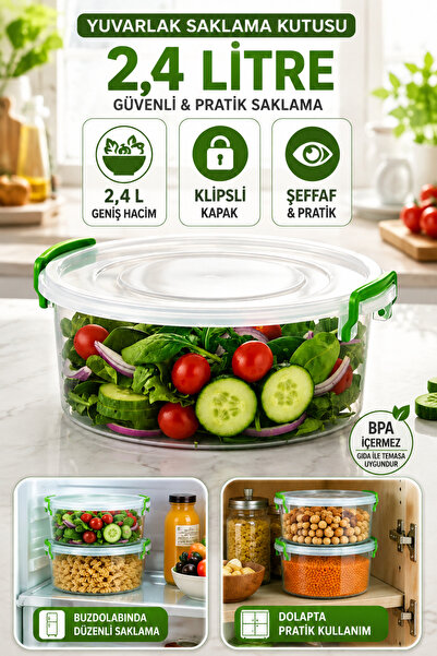 Hane Dostu 2,4 L Yuvarlak Gıda Saklama Kabı Yeşil Klipsli Kapaklı Şeffaf BPA ...