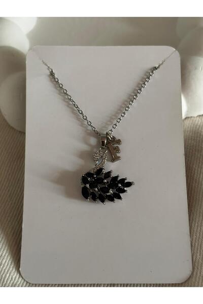 bijoux uniques Siyah zirkon taşlı kuğu model F harfli 316L çelik kolye
