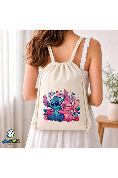 Ghostbastır Design Stitch and Angel Drawstring Linen Bag C289