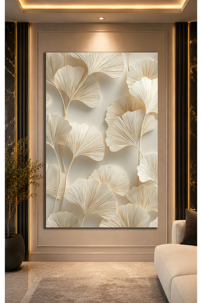 Evnora Home Decor Zarif Ginkgo Yaprakları Tablo | Bej Altın Tonlarda 3D Yapra...