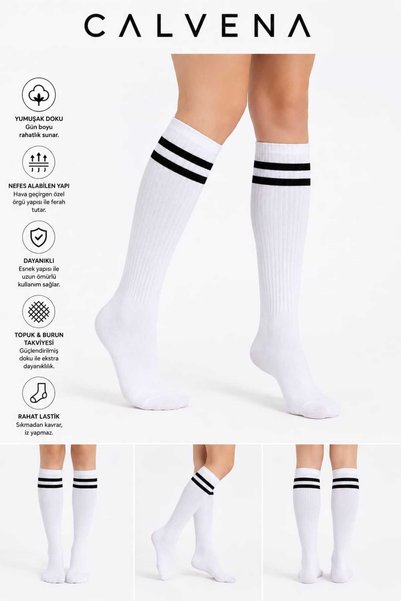 Calvena Women's 3 Pairs Cotton Woven Striped Long Below-Knee Tennis College Socks