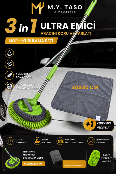 M.Y. TASO 3 in 1 Mikrofiber Oto Yıkama Mop Seti + 40x40 -2+2cm Süper Emici Ku...