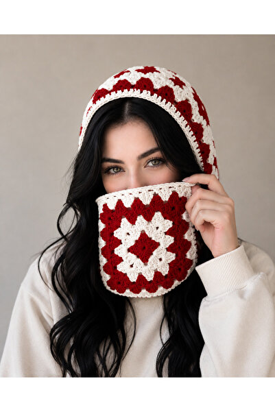 elara knits hand made Knitted Balaklava, Motifed Two Color Scarf Beanie, Bala...