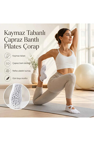 Berselya Underwear&Accessories Kaymaz Tabanlı 3'lü Kadın Balerin Tasarımlı Yoga Pilates Çorabı Çapraz Bantlı Spor Çorap Hac Umre Ço