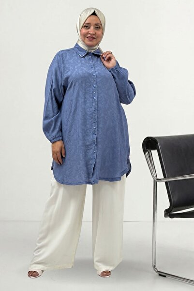 Eslina 68085 Plus Size Beyoğlu Stone Detailed Jacquard Strawberry Shirt - Indigo