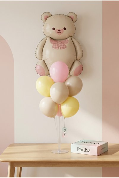 Partixa Retro Pink Bow Cream Teddy Bear Balloon Stand Set |   Transparent 7-P...