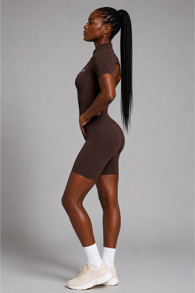 Art of Act Sculpt Open-Back Zip-Up Biker Jumpsuit – Chocolate Brown