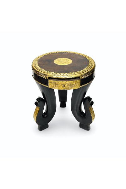 Al Athar Arts Indian Traditional Round Wooden Table With 3 Elephant Legs With Brass{diameter 17x17"x height21"}
