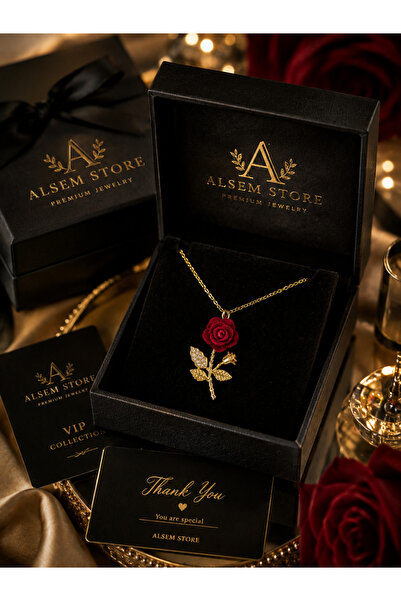 Alsem Store 14 Ayar Gold Kaplama Kırmızı Kadife Desenli Gül Kolyesi , İthal K...