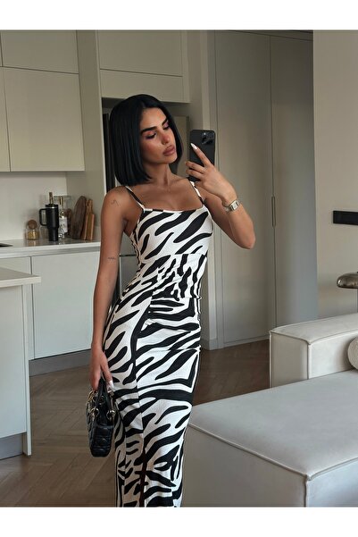 MEECY Zebra Patterned Strappy Slit Wrap Dress