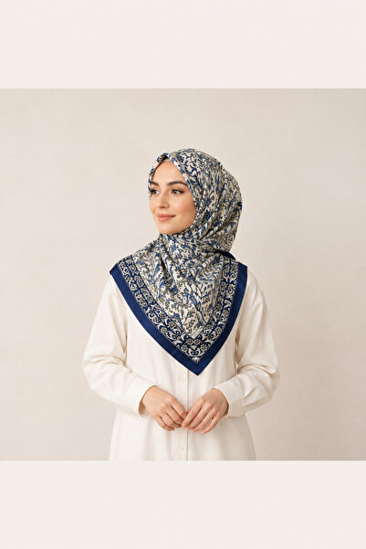 Fevora Navy Blue Beige Authentic Motif Patterned 90X90 Women's Scarf
