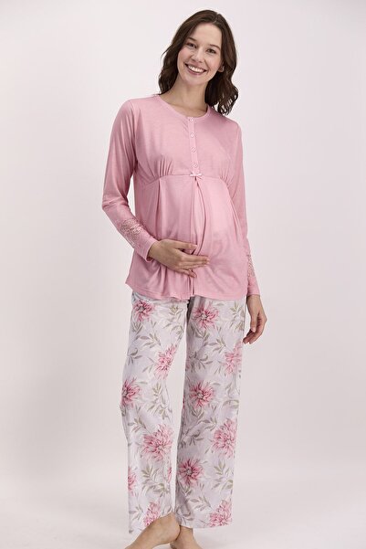 Pierre Cardin Çiçekli Açık Pembe Kadın Geniş Paça Lohusa Pijama Takımı