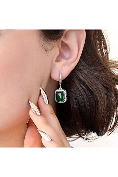 Takı Boom Yeşil Beyaz Baget Gümüş Küpe