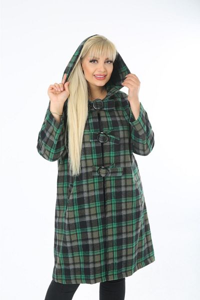 MJORA Jachetă-lungă cu glugă cu model în carouri verde