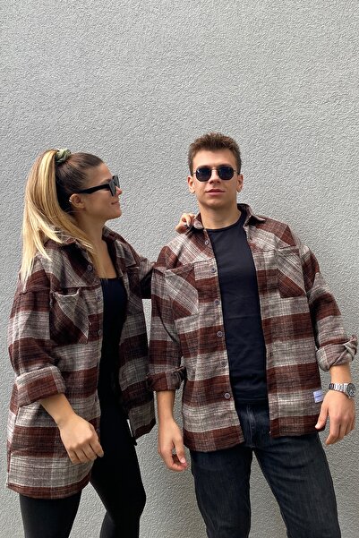 PUMP BUTİK Unisex Kahverengi Oversize Çift Cepli Ekoseli Kalın Oduncu Gömlek