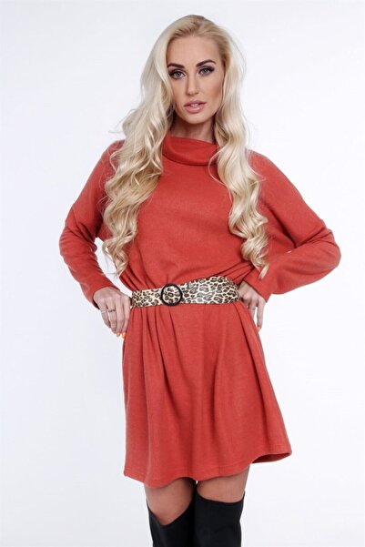 fasardi Leopar Kemerli Geniş Balıkçı Yaka Mini Elbise