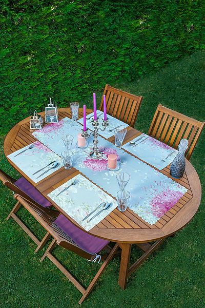 Realhomes 4+1 Fond albastru Motiv flori de hortensie Set de serviciu și alergător american