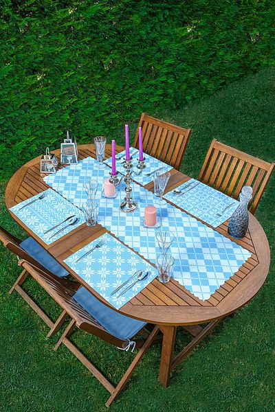 Realhomes 4+1 Blue Geometric Coace Pattern Motif American Service & Runner Set