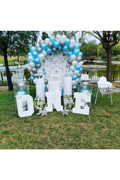 BEST PARTİ DOĞUM GÜNÜ PARTİ SÜSLERİ 100 Pieces Blue White Gray Metallic Balloon + Balloon Chain Gift