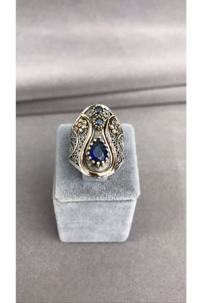 BEY SİLVER Telkari Safir Taşlı Lale Motif Gümüş Kadın Yüzük
