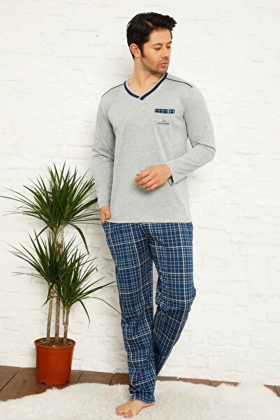 Farya Home Dreamy Plaid Long Sleeve V-Neck Pocket Men's Pajama Set Gray