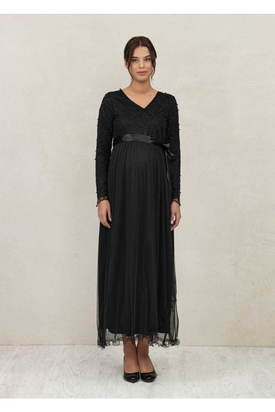 Even Fashion Hamile Giyim فستان سهرة طويل من التول مزين باللؤلؤ للنساء