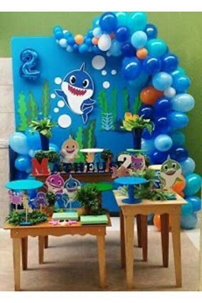 Party City 100 Pieces Blue-white-dark blue-orange Balloons and Balloon Chain Baby Shark Concept Party