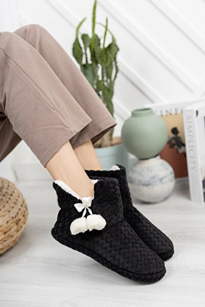 TREND AYAKKABI Kadın Ponponlu Kaydırmaz Taban Ev Ayakkabısı Ev Botu