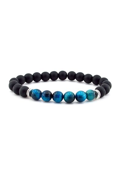 Solfera Blue Tiger Eye Matte Onyx Natural Stone Men's Bracelet J0146