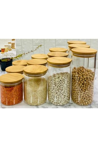 Karçiçeği Home مجموعة مكونة من 12 برطمانًا فاخرًا وطعامًا - طقم زجاجي من البورسليكات مع غطاء من الخيزران بأربعة أحجام