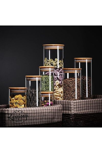 Karçiçeği Home مجموعة مكونة من 12 برطمانًا فاخرًا وطعامًا - طقم زجاجي من البورسليكات مع غطاء من الخيزران بأربعة أحجام