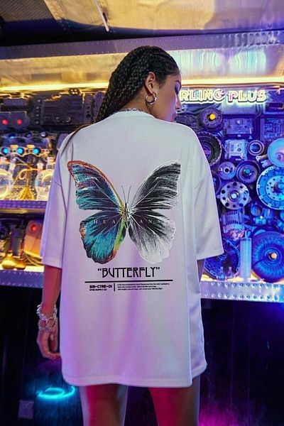 MODAGEN Γυναικείο μπλουζάκι Oversize με στάμπα με λευκή πεταλούδα
