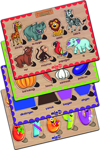 minİQ toys Ahşap Türkçe Orman Hayv.+sebzeler+sekiller+sayilar 4’lü Set Eğitic...