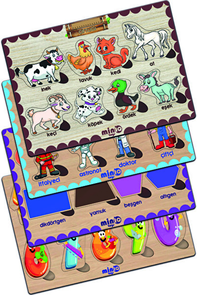 minİQ toys Ahşap Türkçe Ciftlik Hayv.+meslekler+sekiller+sayilar 4’lü Set Eği...