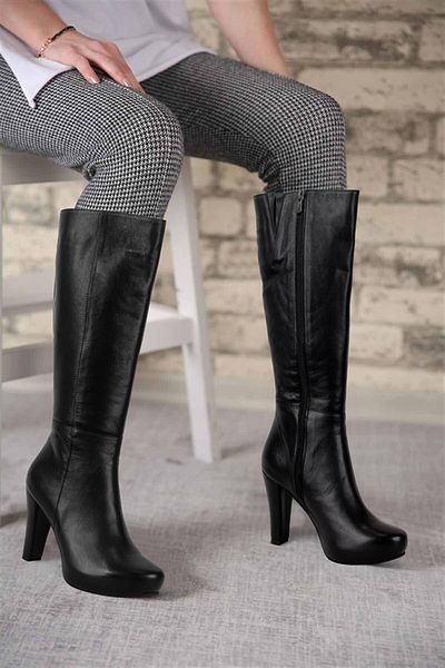 KARVENSHOES Дамски ботуши от естествена черна кожа със скрита платформа и цип Krvn701