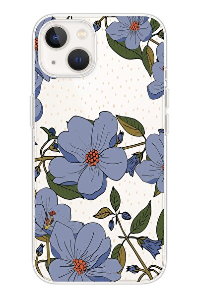 shoptocase Iphone 13 Şeffaf Mavi Çiçekler Desenli Telefon Kılıfı