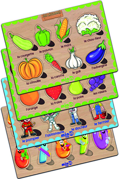 minİQ toys Ahşap Fransızca Sebzeler-meyveler-meslekler-sayilar 4’lü Set Eğiti...