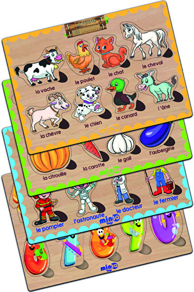 minİQ toys Ahşap Fransızca Ciftlik Hayv.-sebzeler-meslekler-sayilar 4’lü Set ...