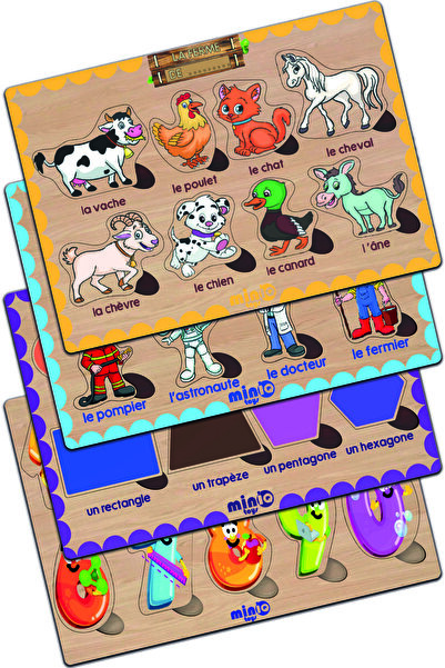 minİQ toys حيوانات المزرعة الخشبية الفرنسية - المهن - الأشكال - الأرقام مجموع...