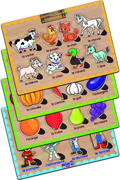 minİQ toys مجموعة من 4 أحجية تعليمية لحيوانات المزرعة الفرنسية الخشبية - الخض...