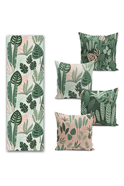 Realhomes Yesil Tropik Yaprak Tasarımlı 4 Kırlent Kılıfı Ve Runner Seti