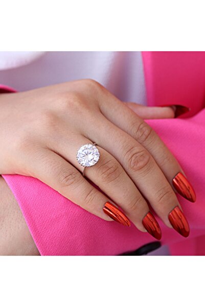 Takı Boom Büyük Beyaz Zirkon Taşlı Yuvarlak Gümüş Yüzük